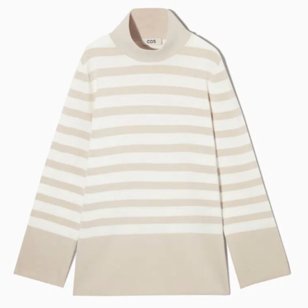 COS Roll Neck A Line Stripe Neutral Sweater Top Size Large $95